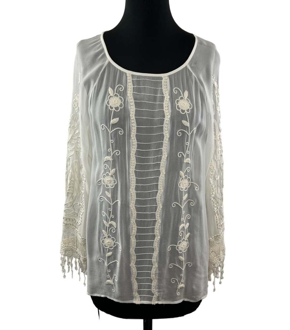 SUNDANCE White Sheer Top Viscose Embroidered Round Neck Raglan Sleeve Large L